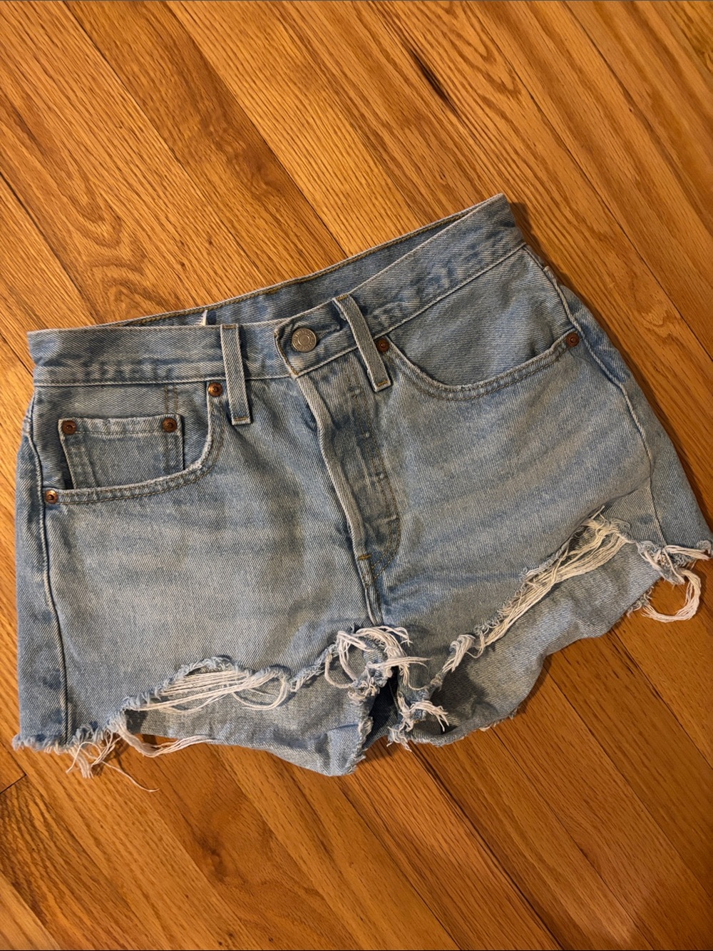 Levi's Premium 501 Original High Rise Denim Shorts Light Wash Distressed Size 26
